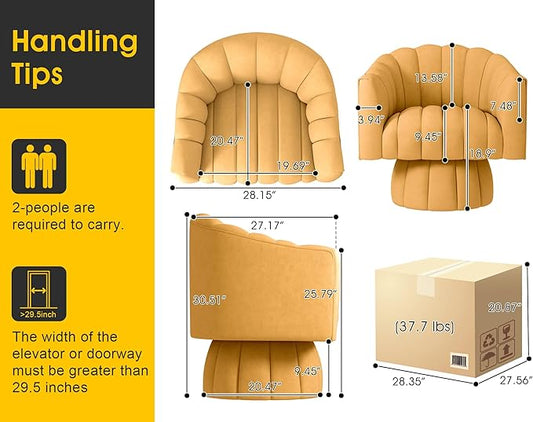 Accent Chair Mid Century 360 Degree Swivel Chair,Modern Lounge Sofa Round Barrel Chair with Wide Upholstered,Fluffy Velvet Fabric Chairs for Home Sofa Living Room/Bedroom/Waiting Room (Mustard)