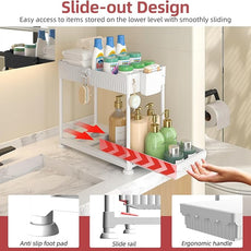 Under Sink Organizer, Bathroom Organizers and Storage, 2 Tier Multi-Use Pull Out Cabinet Organizer with Hang Hooks and Cups (White, 4 Pack)