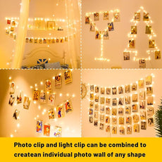 HXWEIYE 50LEDs Photo String Light, Warm White 16.4Ft Battery Powered Fairy Light with 52 Clear Clips & 10 Hooks on Wall for Hanging Picture Dorm Bedroom Party