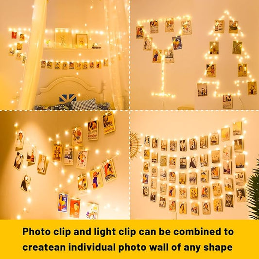 HXWEIYE 50LEDs Photo String Light, Warm White 16.4Ft Battery Powered Fairy Light with 52 Clear Clips & 10 Hooks on Wall for Hanging Picture Dorm Bedroom Party