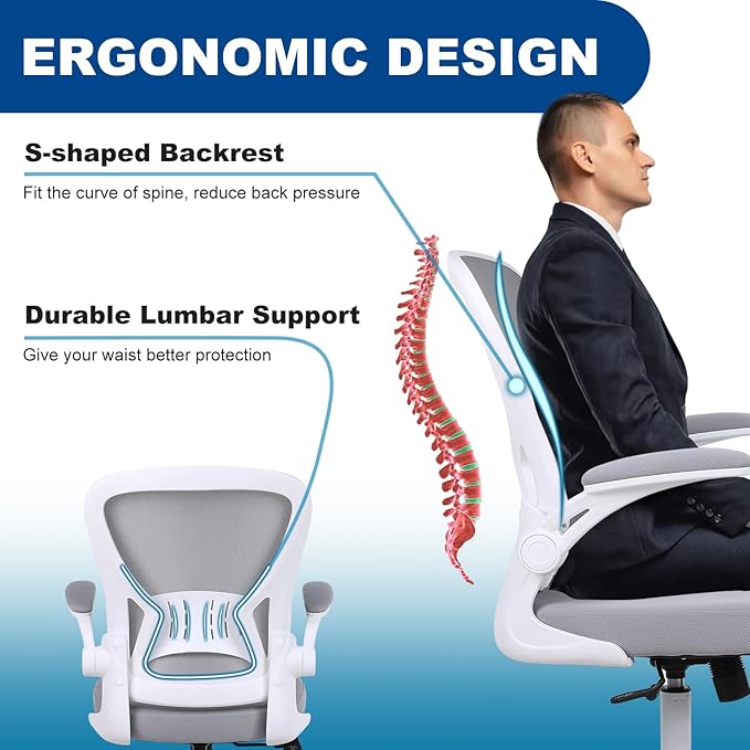 Youhauchair Mesh Office Chair, Ergonomic Home Office Desk Chairs with Flip-up Arms and Lumbar Support, Height Adjustable, Grey