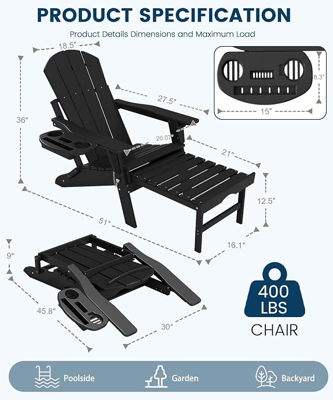 FOOWIN Folding Adjustable Adirondack Chair with Retractable Ottoman Set of 4,HDPE Adirondack Chair w/4 in 1 Cup Holder Trays,All-Weather Resistant Fire Pit Chair for Outdoor Patio Lawn, Black