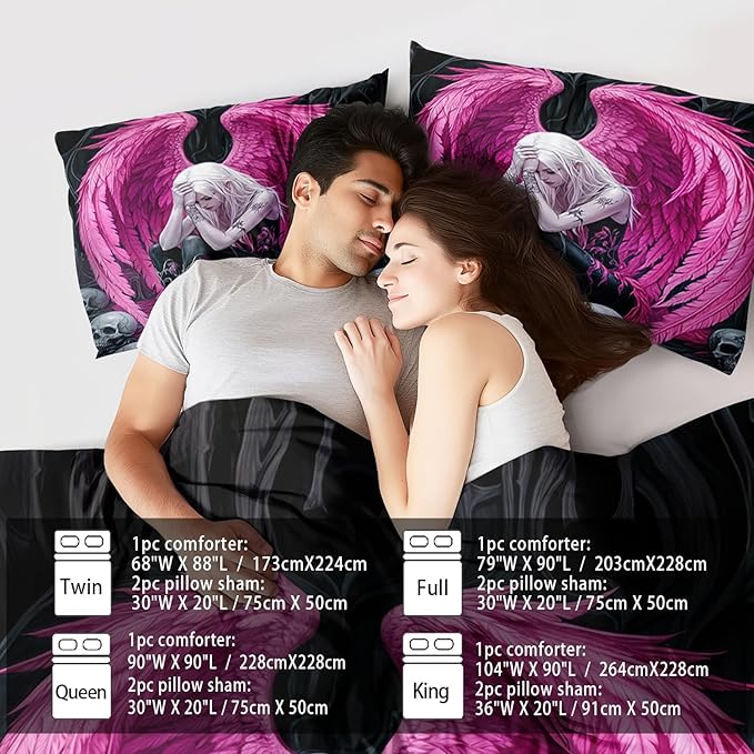 Gothic Skull Comforter Set Twin for Adults,Angel Wings Bedding Set Pink for Girls,Sexy Angel Comforter Bedroom Decor Teen,Gothic Skull Bedding Decor Pink Wings Quilt