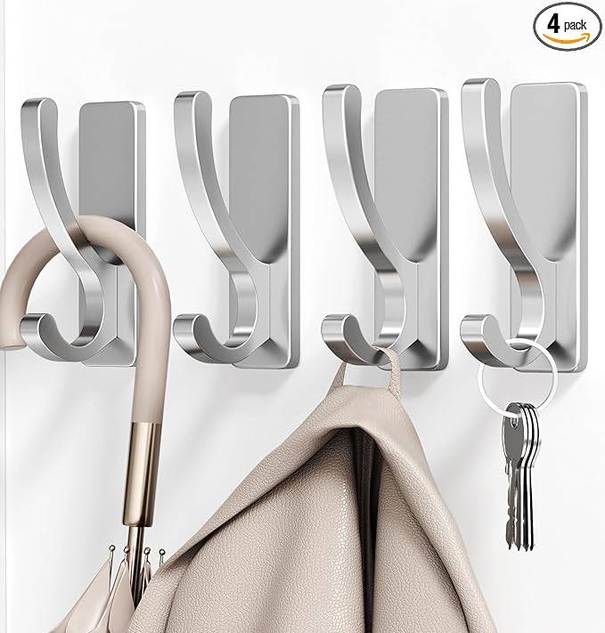pickpiff Adhesive Wall Hooks for Towels - Sticky Hook Hanging Heavy Duty (13lb), Hanger for Door, Bathroom, Dorm, Closet - for Coats, Purse, Bag, Robe - No Damage to Wall - Silver 4 Pack
