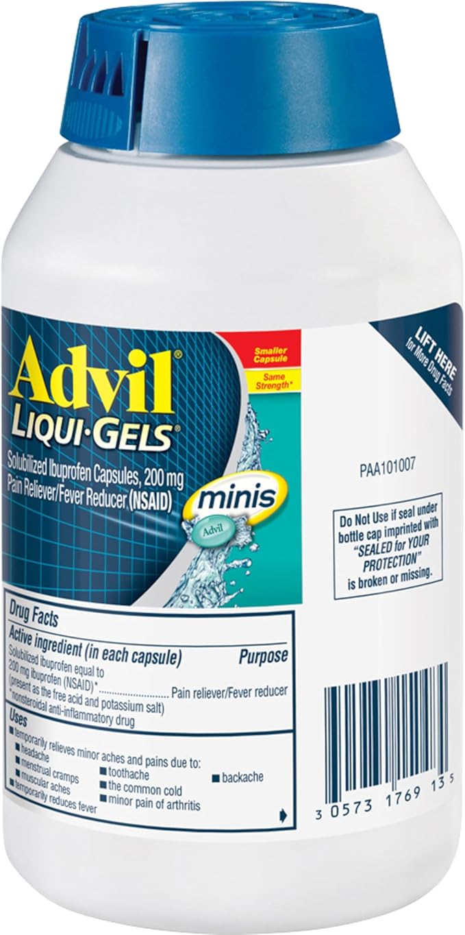Advil Liqui-Gels minis Pain Reliever and Fever Reducer, Pain Medicine for Adults with Ibuprofen 200mg for Pain Relief - 200 Liquid Filled Capsules