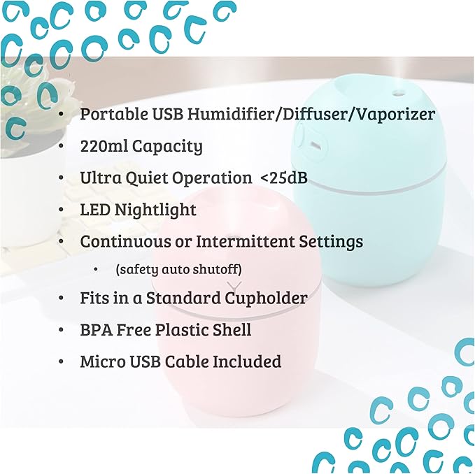 Wild Essentials 220ml Cool Mist Essential Oil Diffuser/Humidifier, Aromatherapy, Nightlight, Portable, USB Power, Auto Off, Room, Office, Car (Blue)