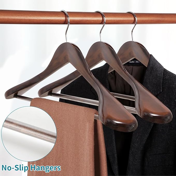 Solid Wood Suit Hangers, 10 Pack, Coat Hangers with Non Slip Trouser Bar, 360° Swivel Hook, Heavy Duty Wide Hangers for Suit, Coat, Jacket, Trousers, Pants,17.3" W x 9", Dark Walnut AWY0410H
