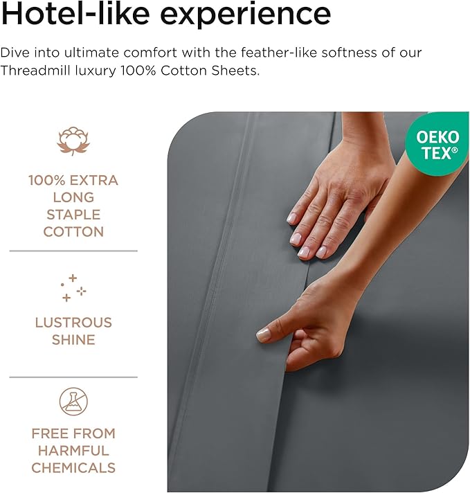 Threadmill 100% Cotton Sheets for Cal King Size Bed - 600 Thread Count Cal King Bed Sheets Set with 16” Deep Pocket - Sateen Weave 4-Piece Bedding Set with Cooling Effect, Dark Grey
