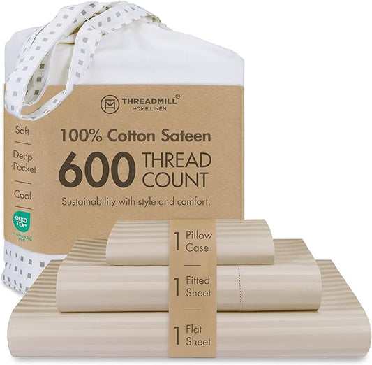 Threadmill 100% Cotton Sheets for Twin XL Size Bed - 600 Thread Count Twin XL Bed Sheets Set with 15” Deep Pocket - Damask Stripe Sateen Weave 3-Piece Bedding Set with Cooling Effect, Beige