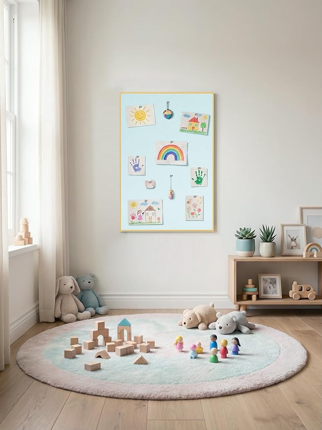 Bulletin Board 30 x 20 inches, Light Blue Pin Board, Golden Aluminum Framed Fabric Cork Board with 10 Push Pins