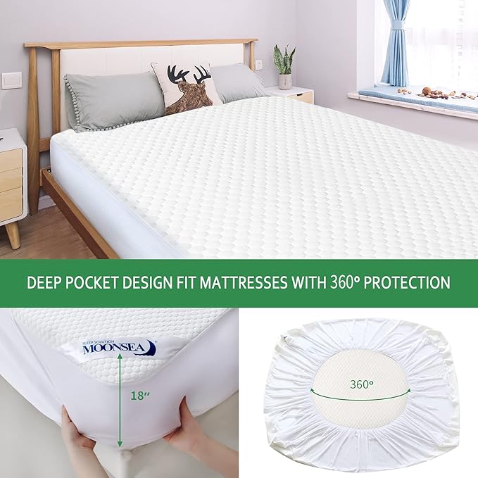 Waterproof King Size Mattress Protector, Viscose 3D Cooling Breathable Air Fabric Soft Mattress Pad Cover, Fitted 8-18 inch Deep Pocket, Washable Noiseless (White, King)