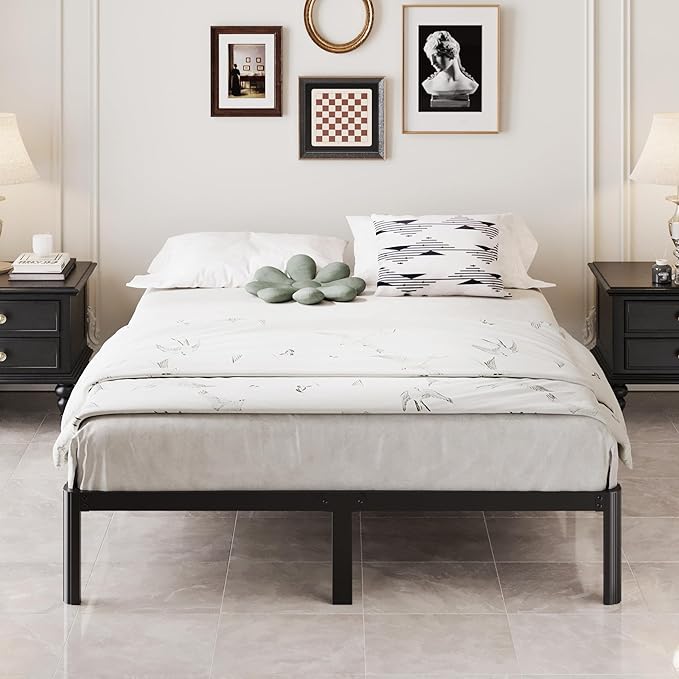 12 Inch Queen Bed Frame with Rounded Corner Legs, 2000 LBS Heavy Duty Metal Queen Platform Bed Frame with Steel Slats Support, No Box Spring Needed, Noise Free, Easy Assembly