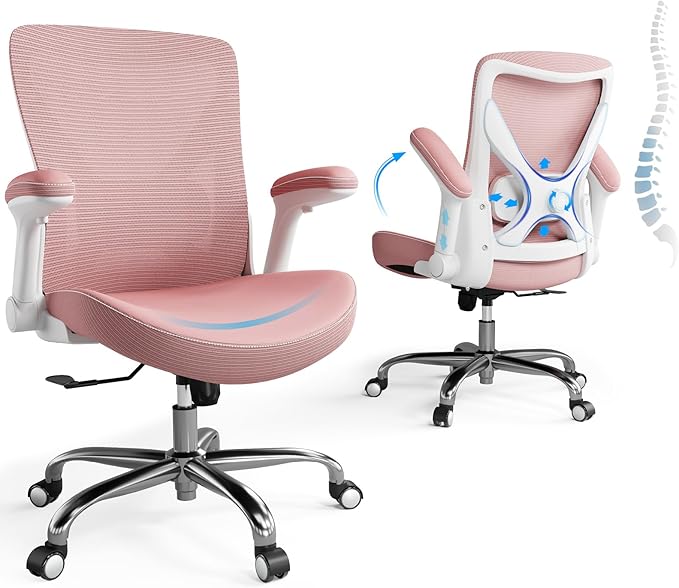 Office Home Ergonomic Desk Chair-Computer X-Shaped Chair Mesh PU Leather with Adjustable Lumbar Support-Executive Chair High Back Flip-Up Arms for Long Hours (Pink-No Headrest)