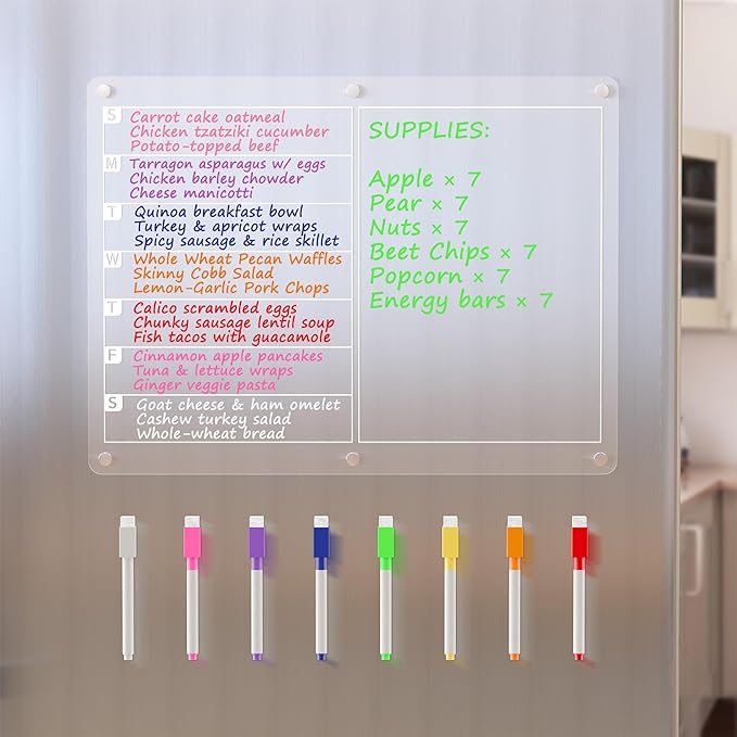Acrylic Magnetic Dry Erase Board for Fridge, Clear Whiteboard for Refrigerator, Notepad Memo to Do/Grocery List White Board, w/ 8 Colors Markers, 15 x 11