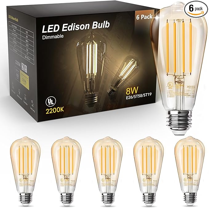 TJOY 6 Pack Vintage 8W ST58 LED Edison Amber Light Bulbs, 60W Equivalent, 800 Lumens, 2200K Soft White, Dimmable, E26 Base LED Filament Bulbs, CRI80+, Antique Glass Style for Home, Bedroom