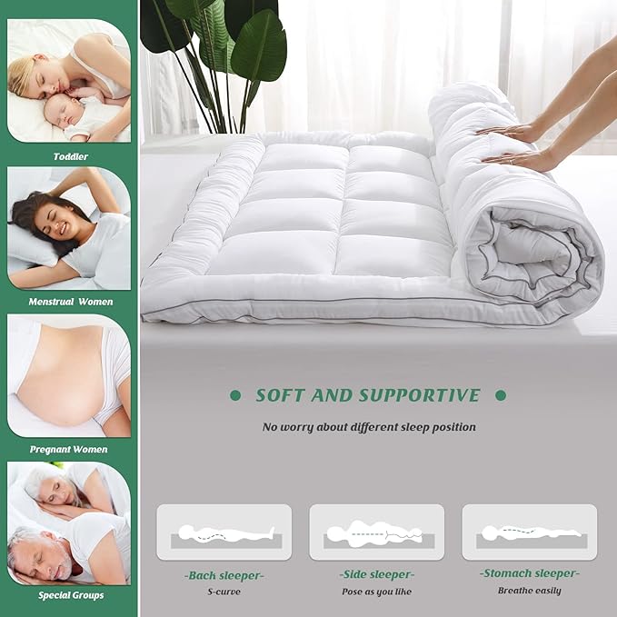 GRT Pillowtop Mattress Topper Queen Size, Rayon from Bamboo Mattress Cover Padded with 900gsm 3D Snow Down Alternative Filling, Extra Thick Mattress Pad Queen for Back Pain