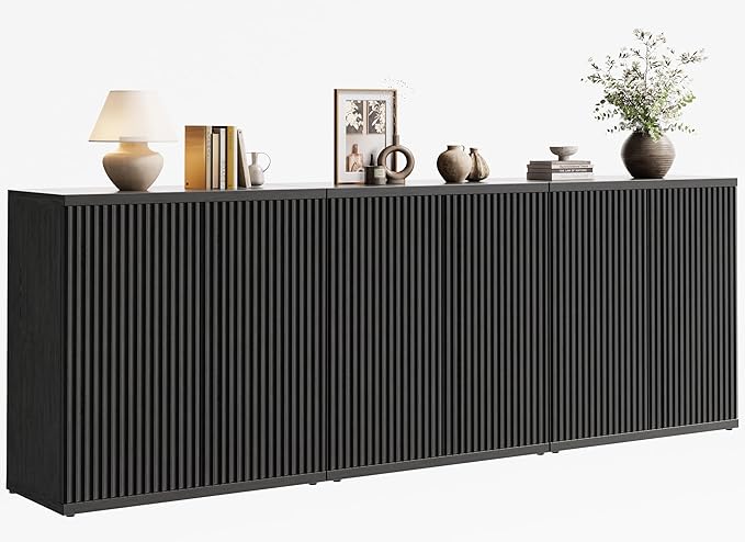 Fluted Buffet Cabinet Sideboard with Storage,Wooden Credenza with 2 Doors&Adjustable Shelve, Modern Accent Cabinets Coffee Bar Bookcase for Living Room,Kitchen Dining Room Entryway 15"D Black