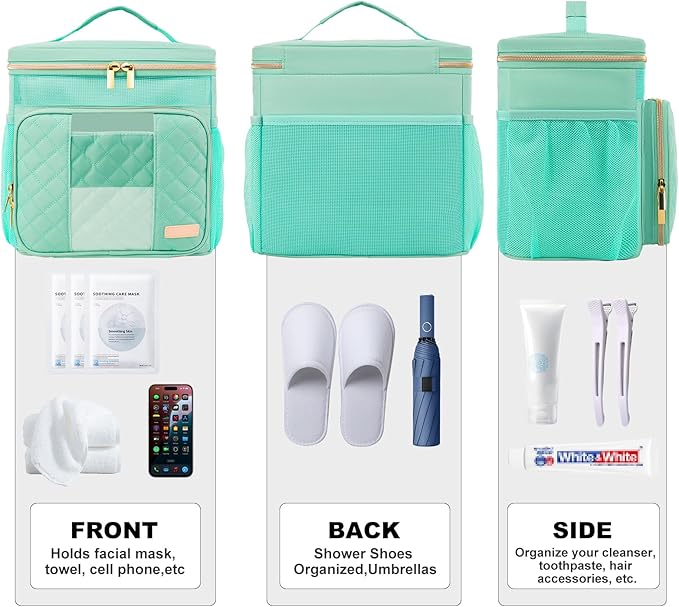 Portable Shower Caddy (Full Size Bottle Compatible),Travel Shower Tote Bag with Quick Dry Mesh Base,Hanging Toiletry Cosmetic Bag for Gym,College,Camping & Dorm, Mint Green