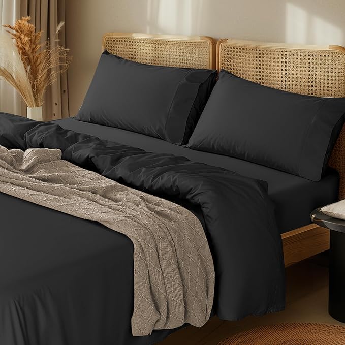 LBRO2M 1000 Thread Count 100% Egyptian Cotton Sheets Set,Full Size Bed Sheet 4 Piece Sets,Long Staple,16 Inches Deep Pocket,All Season,Bedding Super Soft Breathable,Sateen Weave (Black)