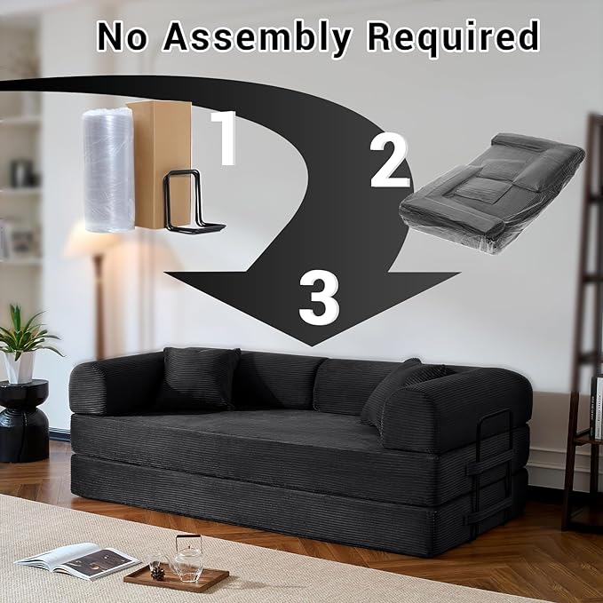 Compressed Sofa, Convertible Sofa Bed, Corduroy Compression Boneless Couch with Pillow, Comfy Modular Foldable Floor Sleeper Sofa for Bedroom, Living Room, Lounge, Studio (Black)