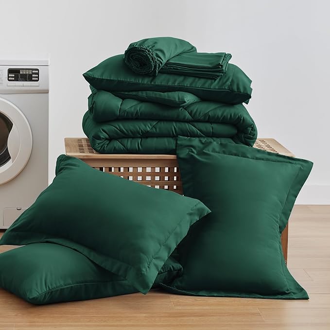 Love's cabin Full Comforter Set Dark Green, 7 Pieces Full Bed in a Bag, All Season Bedding Sets with 1 Comforter, 1 Flat Sheet, 1 Fitted Sheet, 2 Pillowcase and 2 Pillow Sham