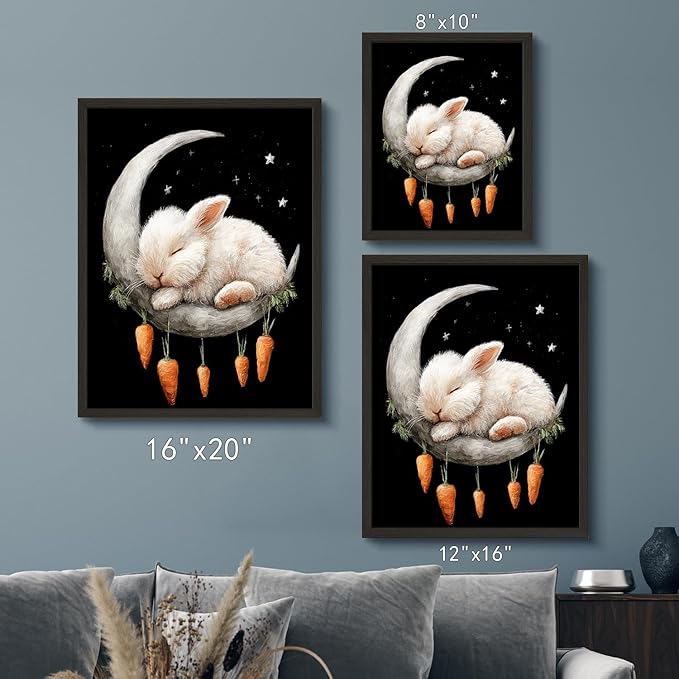 Funny Animal Black And White Wall Art Print Rabbit On The Moon Cute Poster Canvas Art Wall Decor Picture For Bedroom Dorm Bathroom Wall Decor Aesthetic Home Artwork 8" × 10" With Framed