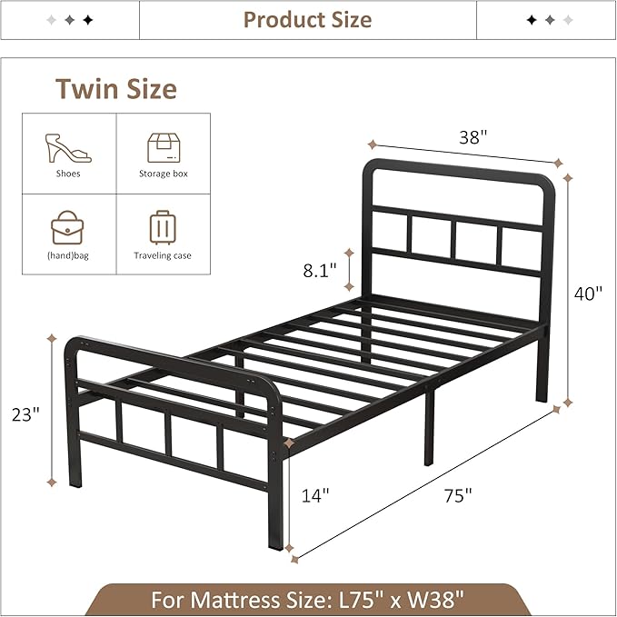Twin Bed Frames with Headboard and Footboard 14 Inch, Twin Platform Bed Frame with Strong Metal Slats Support, Under-Bed Storage, Noise Free, Easy Assembly, Black