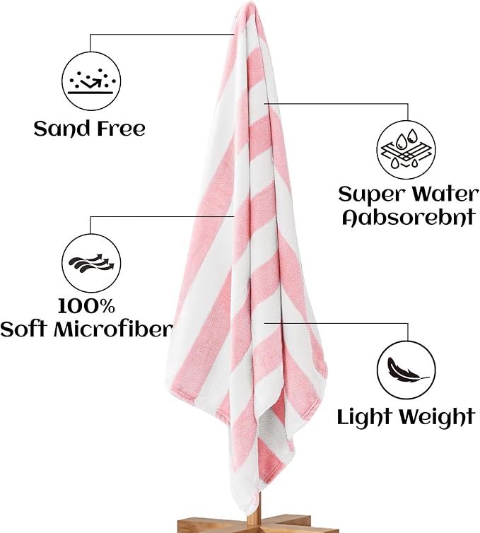 Touchat 4 Pack Cabana Stripe 250GSM Polyester Lightweight Quick-Dry Beach Towel & Blanket Combo- 30'' x 60'' Compact Travel Towel for Pool, Camping, Gym, Yoga | Ultra-Portable, Multi-Functional，Pink