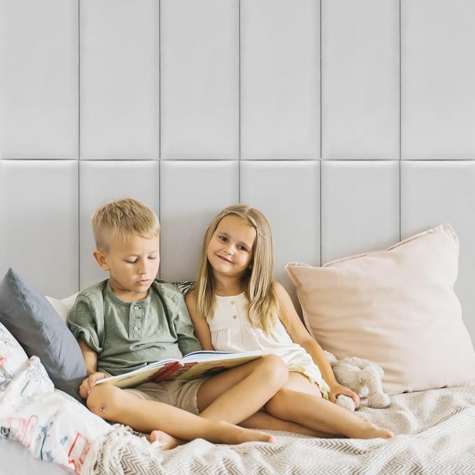 Art3d Peel and Stick Headboard for Twin, Full and Queen in Velvet Stone, Pack of 6 Panels Sized 9.84" x 23.62", Soundproof Wall Panels 3D, Upholstered Wall Panel