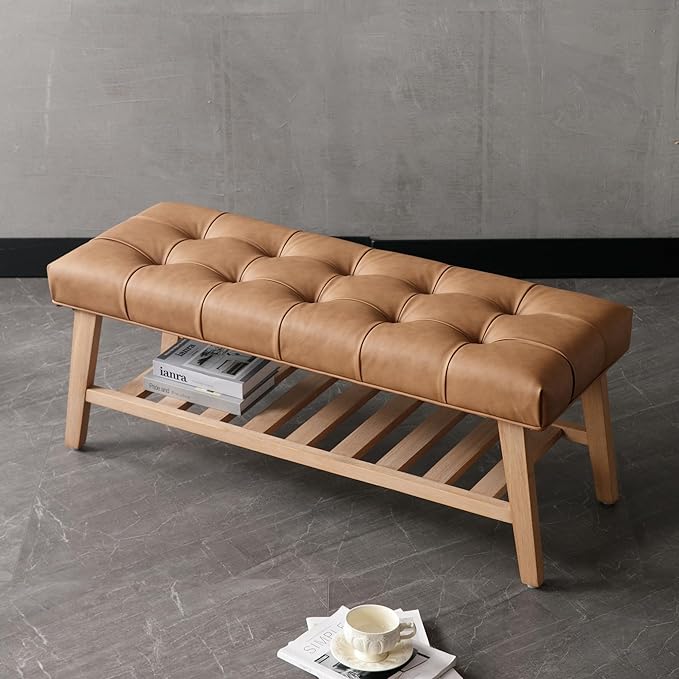 Farmhouse Upholstered Storage Entryway Bench with Shoe Shelf, 2 Tier Faux Leather Button Tufted Bench with Wooden Frame for End of Bed/Hallway/Reception/Living Room, Brown