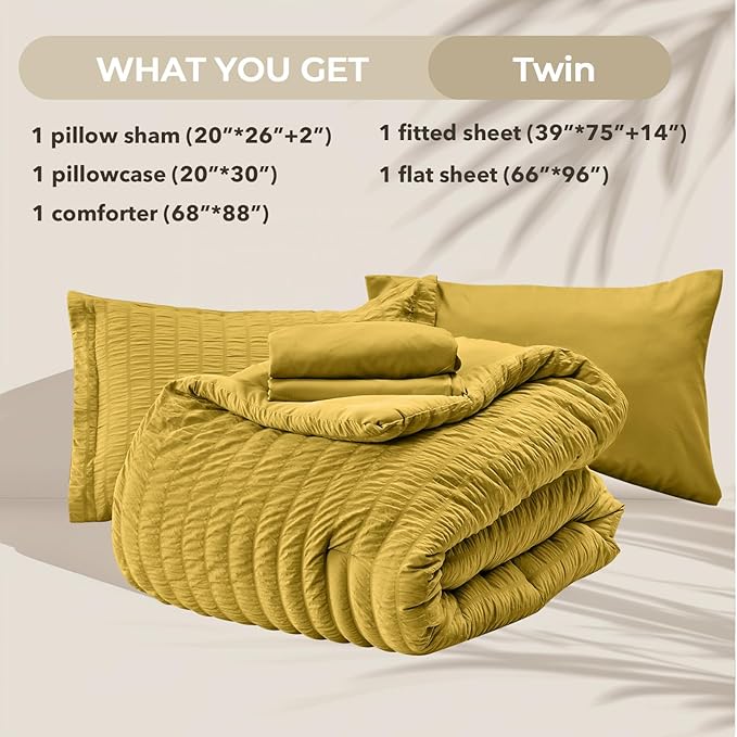 HYMOKEGE Mustard Yellow Twin Comforter Set Seersucker 5 Pieces, All Season Luxury Bed in a Bag for Bedroom, Bedding Set with Comforter, Sheets, Pillowcase & Sham