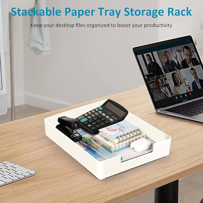 Letter-Size Desk Drawer Organizer Tray, White Letter Tray A4 Size Plastic Paper Trays Stackable File Holder for Office Supplies School Home (White)