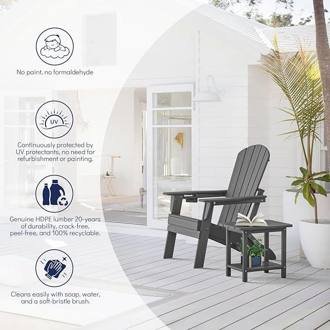 Plawdlik Folding Adirondack Chair, SGS Tested, Wooden Textured with Cup Holder, Heavy All-Weather HDPE Comfortable Set Poolside Backyard Lawn Grey Set 4