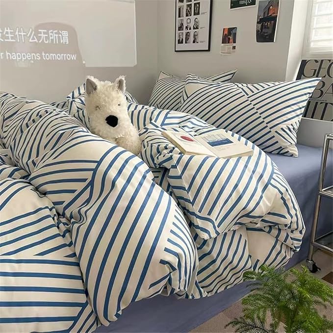 VM VOUGEMARKET Blue Striped Bedding Set King,Instagram Style Geometric Duvet Cover with Zipper Ties 100% Cotton Modern Fashion Bedding Set for Men Women-104x90 Inch