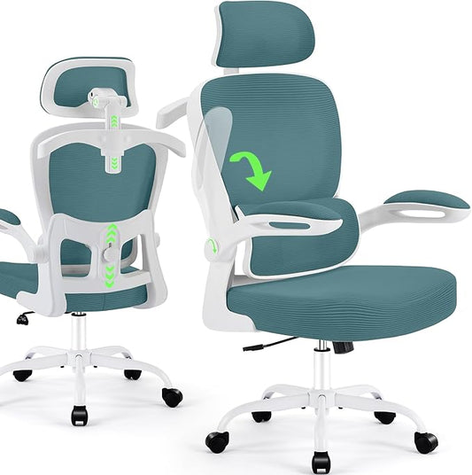 Office Chair Ergonomic Desk Chairs with Adjustable Lumbar Support& Headrest Hanger, High Back Breathable Mesh Chair with Wheels, Rolling Swivel Comfy Task Computer Chair for Home Work Gaming