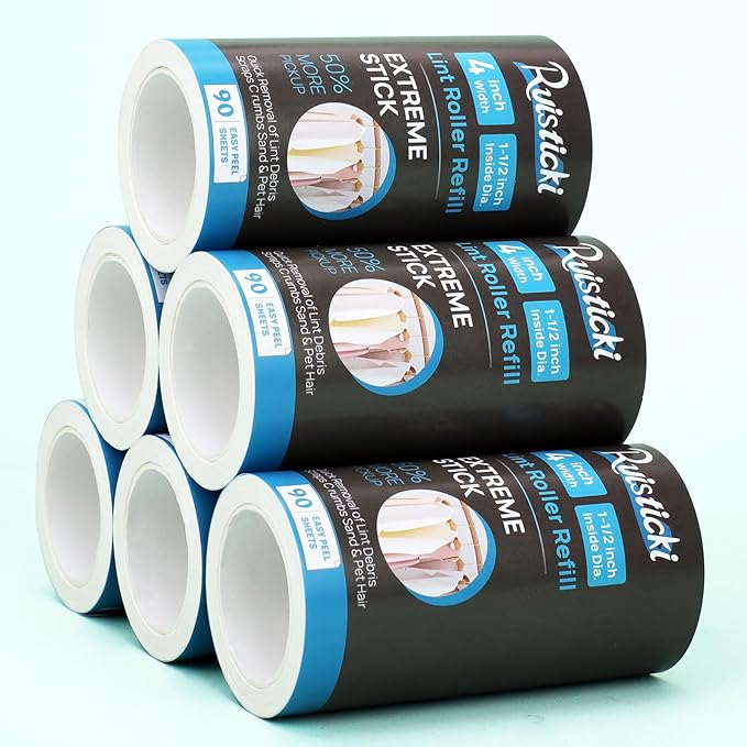 4 inch Extreme Stick Lint Roller Refills for Evercare PetLovers Value Pack of 6 Extra Sticky Pet Lint Roller Refills 90 Sheets per Roll - 540 Sheets Total (Inside Dia. 1 1/2 inch)