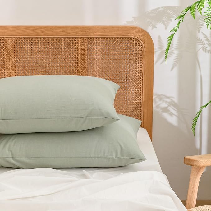 BESTOUCH 100% Washed Cotton Pillowcase for Hair and Skin Linen Feel Soft Comfortable Breathable 2 Set Pillow Case with Envelope Closure Solid Sage Green Queen 20x30 Inches