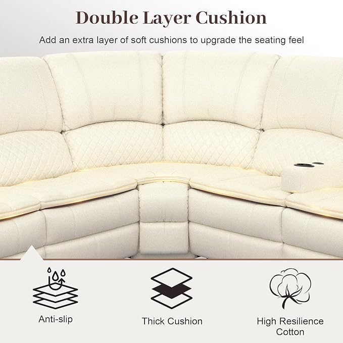 Manual Reclining Sectional Sofa Set, 6 Seats Soft Leather Recliner Corner Sectional Couch, Family-Sized L-Shaped Recliner Couch with USB Charging, Thickened Padding, Sturdy Frame, White