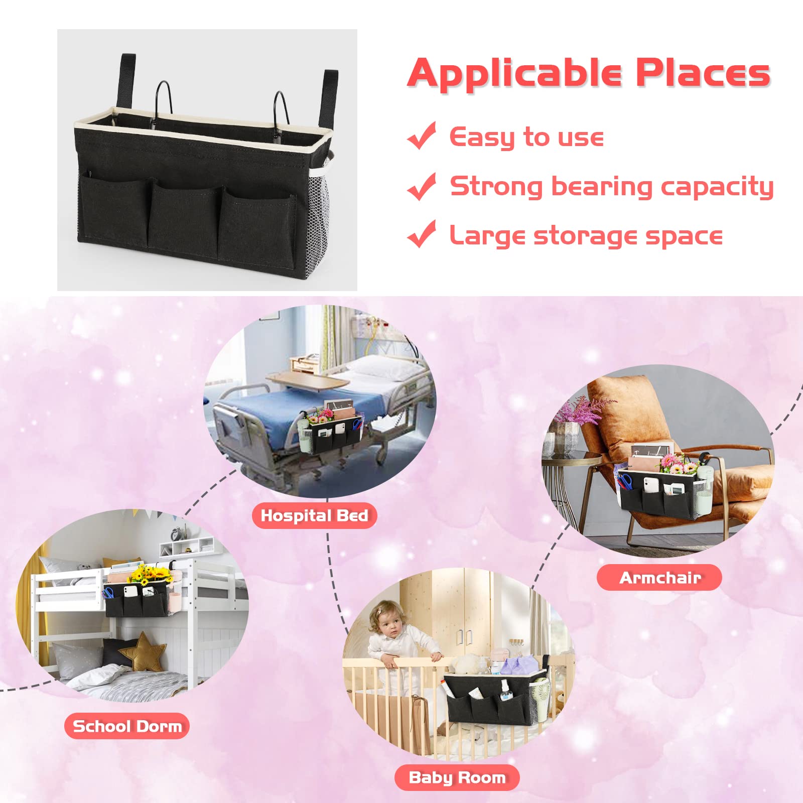 Loghot Bedside Caddy/Bedside Storage Bag Hanging Organizer for Bunk and Hospital Beds,Dorm Rooms Bed Rails,Can be Placed Glasses,Books,Mobile Phones,Keys (Light Pink) Dormly