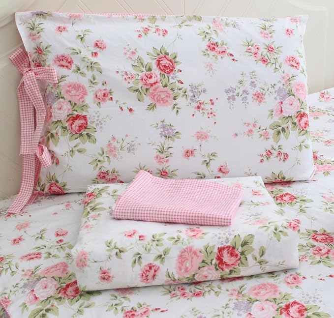 FADFAY Cotton Bed Sheets Set Shabby Rose Floral Print Sheet Bedding 4-Piece Twin Size