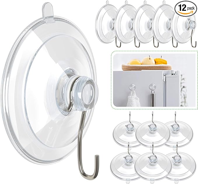 Hangerspace Suction Cup Hooks, 1.77 Inches Clear PVC Suction Cups with Metal Hooks Removable Small Suction Cups for Shower Bathroom Kitchen Wall Window Glass Door 12 Pack