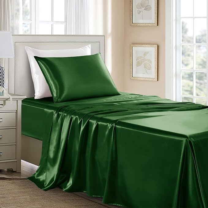 Satin Sheets Twin Size - 3 Pieces Luxury Silky Soft Bed Sheets for Kids, Wrinkle-Free Dark Green Satin Silk Sheet Set with 1 Deep Pocket Fitted Sheet, 1 Flat Sheet, 1 Pillow case