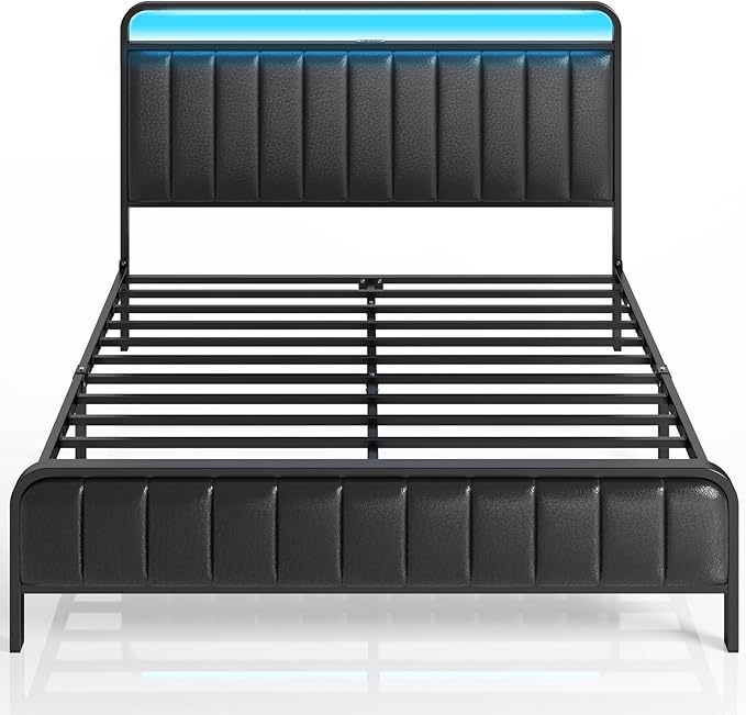Rolanstar Full Size Bed Frame with LED Light and Charging Station, Upholstered Headboard and Footboard, Metal Slat, Noise Free, Easy Assembly, Black