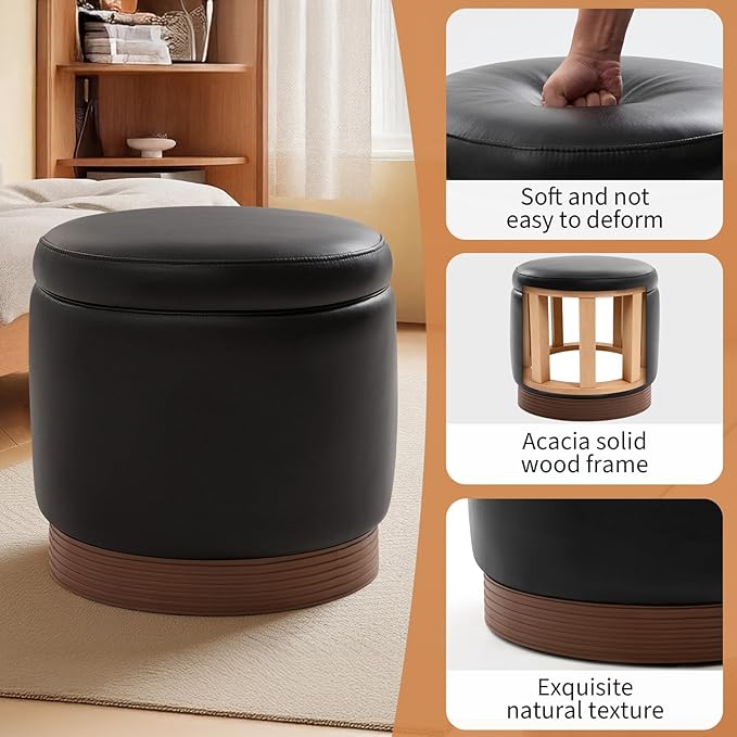 Round Storage Ottoman,Swivel Vanity Stool-Smooth Faux Leather Foot Rest,Footstool Pouf with Sturdy Acacia Wood Frame(500lbs),Small Coffee Table & Hidden Storage Ottoman for Living Room