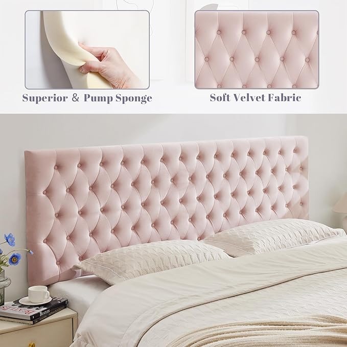 Kingfun Upholstered Queen Headboard Only, Premium Velvet Button Tufted Headboards, Adjustable Solid Wood Head Board, Padded Headboard with Solid Wood Legs in Bedroom (Pink)