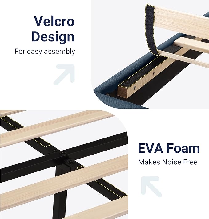 Allewie Queen Size Platform Bed Frame with Fabric Upholstered Headboard and Wooden Slats Support, Fully Upholstered Mattress Foundation/No Box Spring Needed/Easy Assembly, Navy Blue