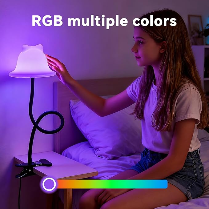 Clip On Light and Bed Reading Light, Clip on for Desk, Bedside Lamps for Dorm, College Dorm Room Essentials, Night Light for Kids Nursery, Multicolor LEDs, Adapter Included