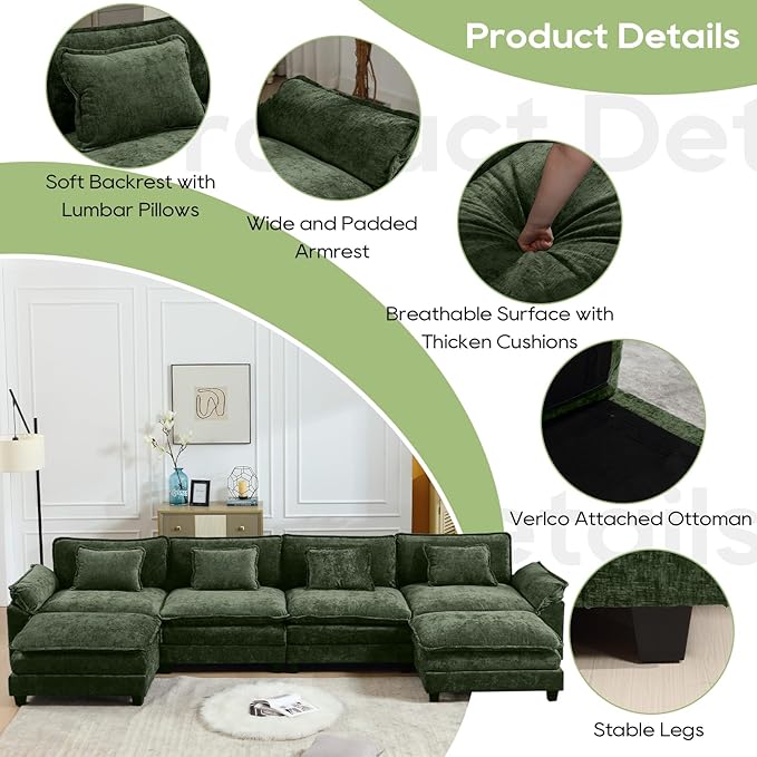 154" Modular Sectional Sofa, Comfy Cloud Couch Sectional Sofa with Ottoman, Chenille Sofa Sleeper Deep Seat Sofa with Throw Pillows for Living Room (Green, 154"- U Shape)