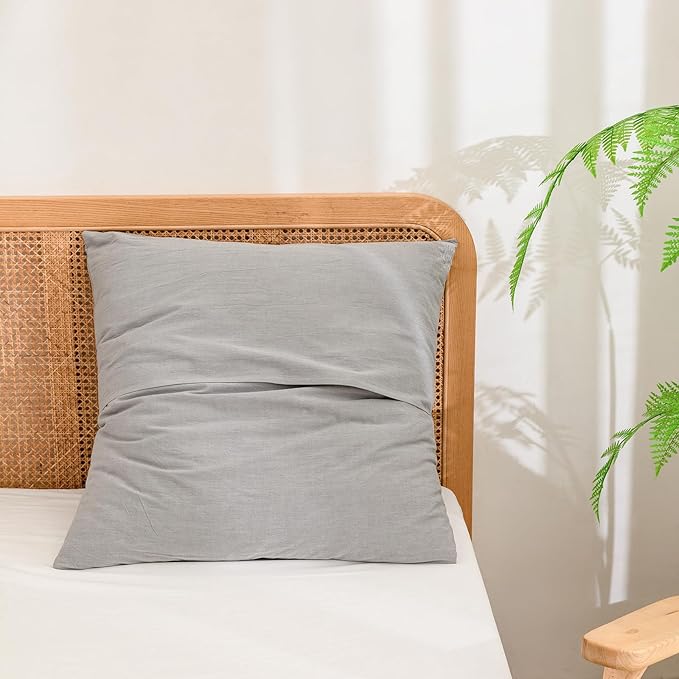 BESTOUCH 100% Washed Cotton Pillowcase for Hair and Skin Linen Feel Soft Comfortable Breathable 2 Set Pillow Case with Envelope Closure Solid Light Grey Euro 26x26 Inches