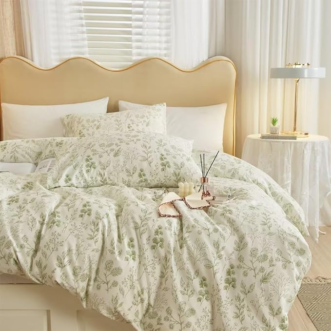 MKXI Country Botanical Comforter Set King Size White with Green Plants Print Lightweight Bedding for Girls All Season Warm Soft Comforter Sage Green Floral